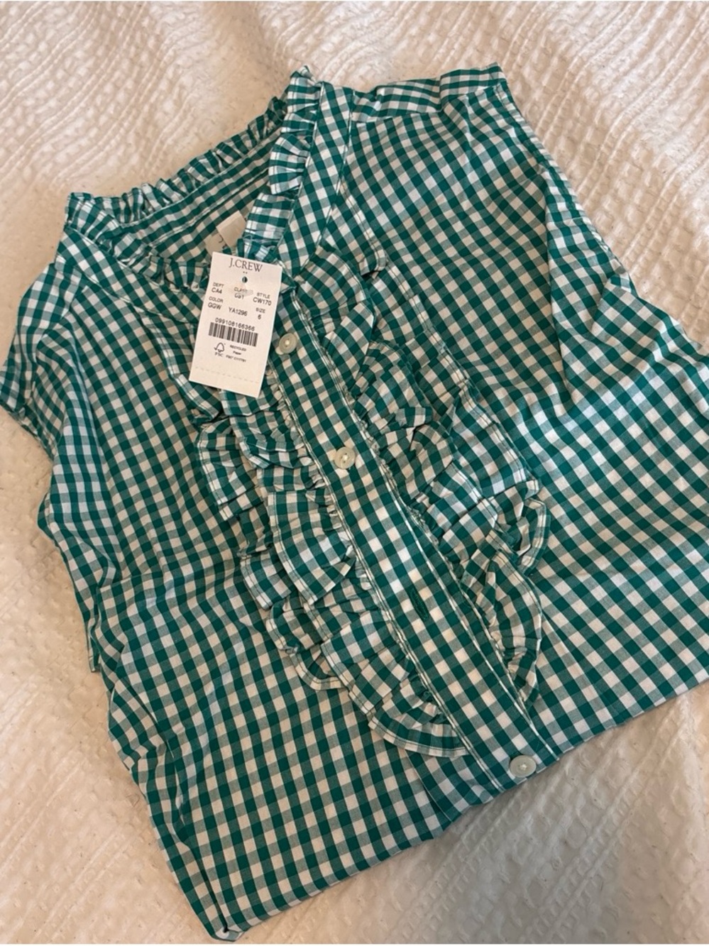 J. Crew Green & White Gingham Ruffle-Front Women’s Dress